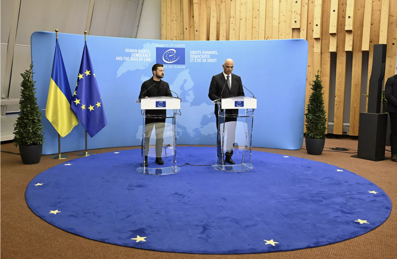 President Zelenskyy and CoE chief Berset at a press conference after signing an agreement to launch a tribunal for crimes of aggression against Ukraine, Strasbourg, June 25, 2025Pascal Bastien/Copyright 2025 The AP.