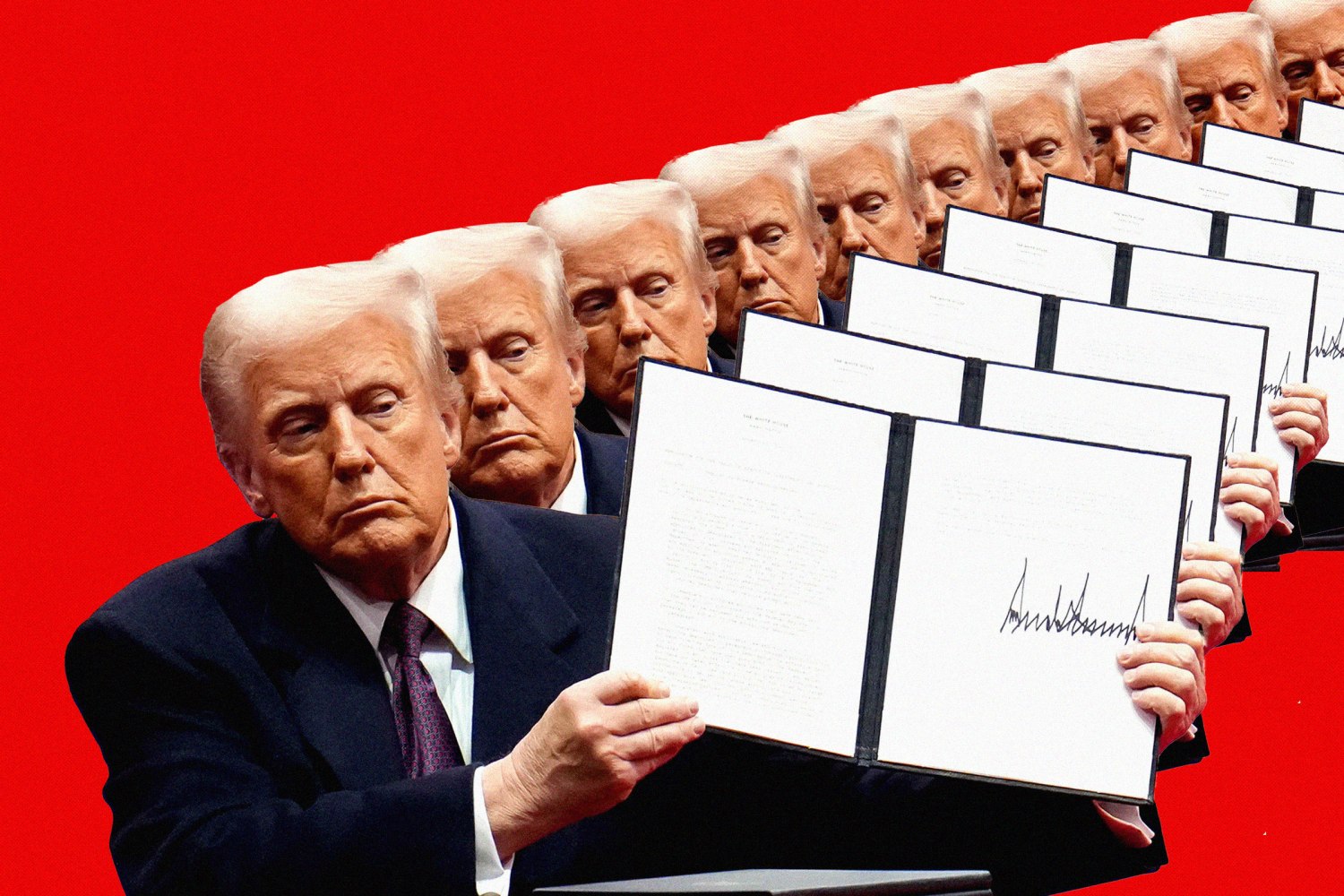 Donald Trump in front of a red background holding a blank executive order with his signature, duplicated several times in a diagonal fashion, going top-right